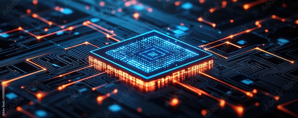 Aufkleber Artificial intelligence data circuit in cyberspace computing concept. Futuristic microchip with glowing circuits and advanced technology.