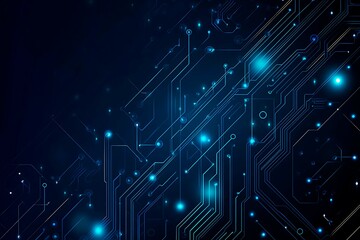 Obraz premium Abstract close-up of a glowing blue digital circuit board, showcasing intricate connections and technological design on a black background. 