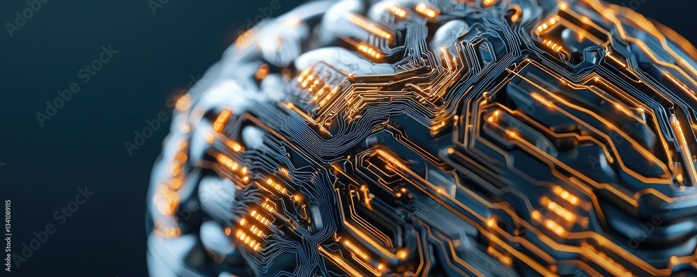 Aufkleber Artificial intelligence data circuit in cyberspace computing concept. Close-up of a futuristic circuit board with glowing connections.
