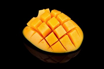 Freshly Cut Ripe Mango on Black Background with Glossy Reflection