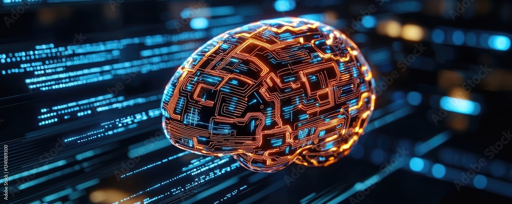 Poster Artificial intelligence database in cyberspace circuit concept. Futuristic digital brain with glowing circuits and data streams.