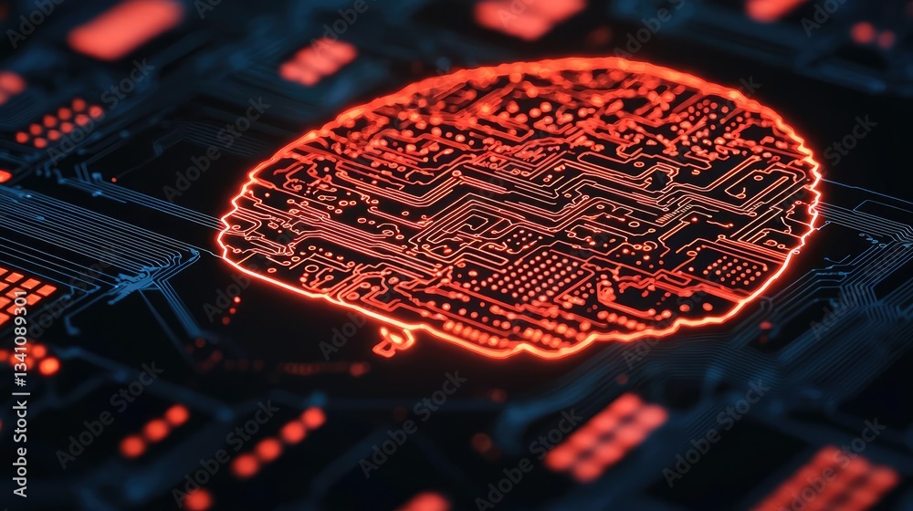 Poster Artificial intelligence database in cyberspace circuit concept. Illuminated circuit board shaped like a brain representing AI.
