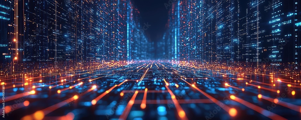 Poster Artificial intelligence database in cyberspace circuit concept. Futuristic digital landscape with glowing data streams and networks.