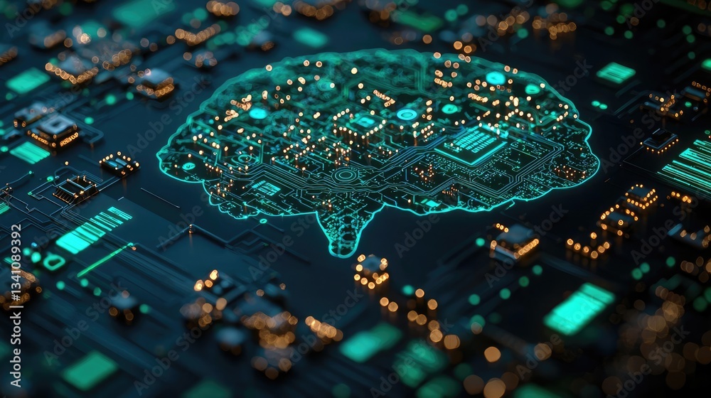 Aufkleber Artificial intelligence database and future computing concept. A vibrant circuit board design resembling a human brain.