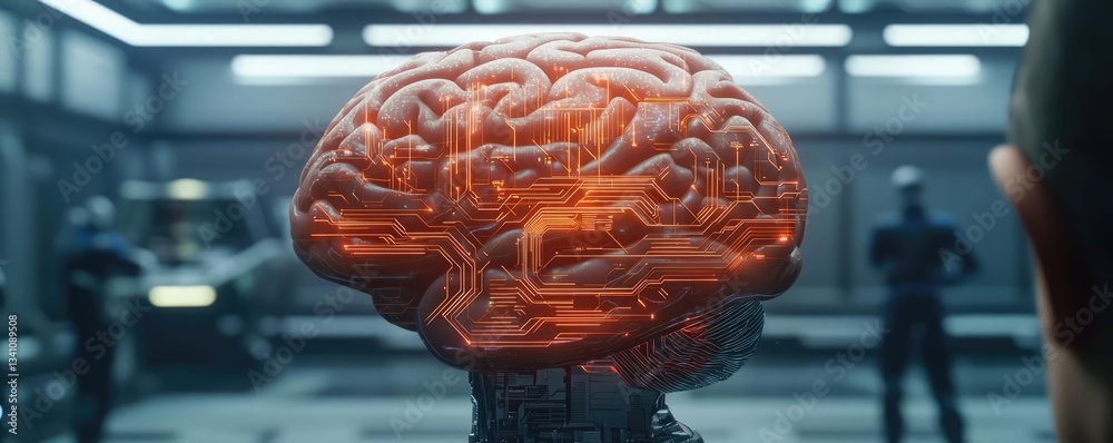 Poster Artificial intelligence database and future computing concept. Illustration of a glowing brain model in a futuristic laboratory.