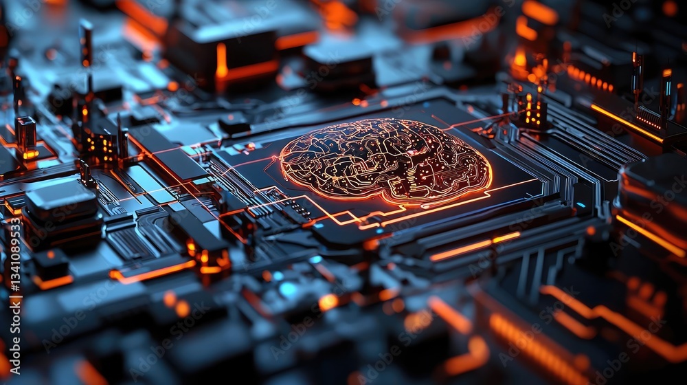 Poster Artificial intelligence database and future computing concept. Futuristic circuit board with brain design glowing in orange.