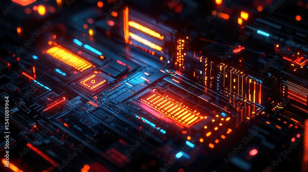 Aufkleber Artificial intelligence database and future computing concept. Futuristic circuit board glowing with vibrant neon lights.