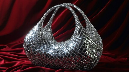 Obraz premium A unique diamond mesh purse on a deep red silk backdrop with soft shadows