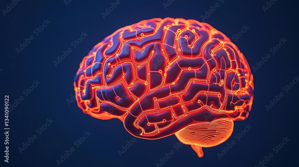 Poster Artificial intelligence database and future computing concept. Colorful brain illustration showcasing intricate neural pathways.