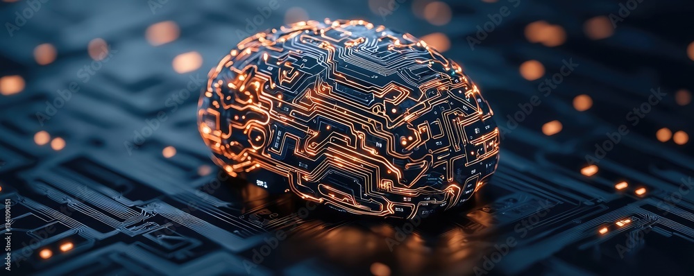 Aufkleber Artificial intelligence database in cyberspace circuit concept. Futuristic circuit brain on a metallic substrate.