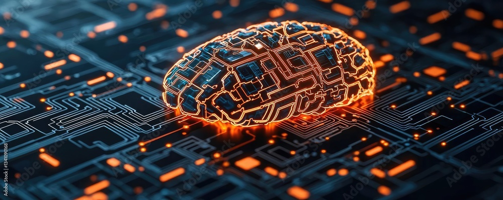 Poster Artificial intelligence database in cyberspace circuit concept. Futuristic brain concept with circuits and glowing elements.