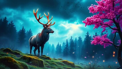 Fantasy Stag with Glowing Antlers in an Enchanted Forest, seamless looping 4k video animation background - Powered by Adobe