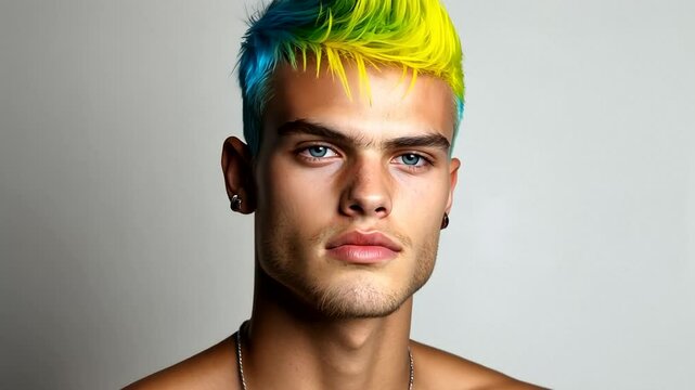Young Caucasian man with vibrant blue and yellow hair, celebrating creativity and bold fashion trends, pride festival concepts