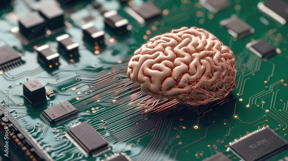 Poster Artificial intelligence database in cyberspace circuit concept. A human brain on a circuit board, symbolizing artificial intelligence.