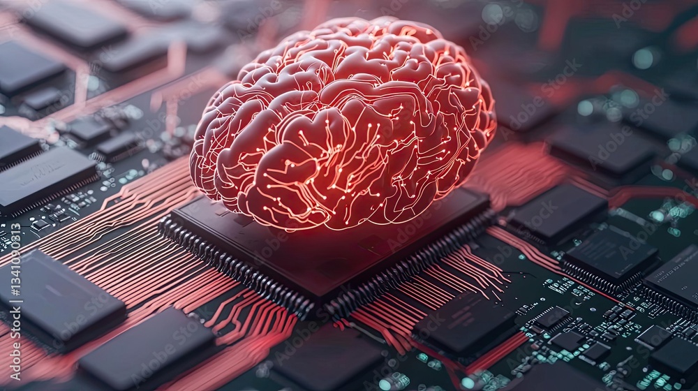 Poster Artificial intelligence database in cyberspace circuit concept. Futuristic brain on a microchip representing artificial intelligence.