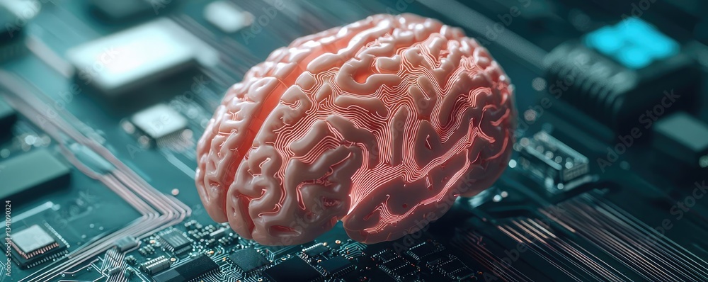 Poster Artificial intelligence database and future computing concept. Futuristic brain design on a circuit board representing innovation.