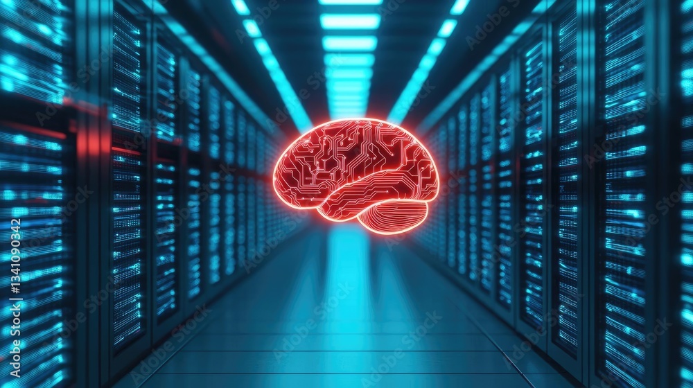 Poster Artificial intelligence data circuit in cyberspace computing concept. Futuristic digital brain visualizes data processing concept.