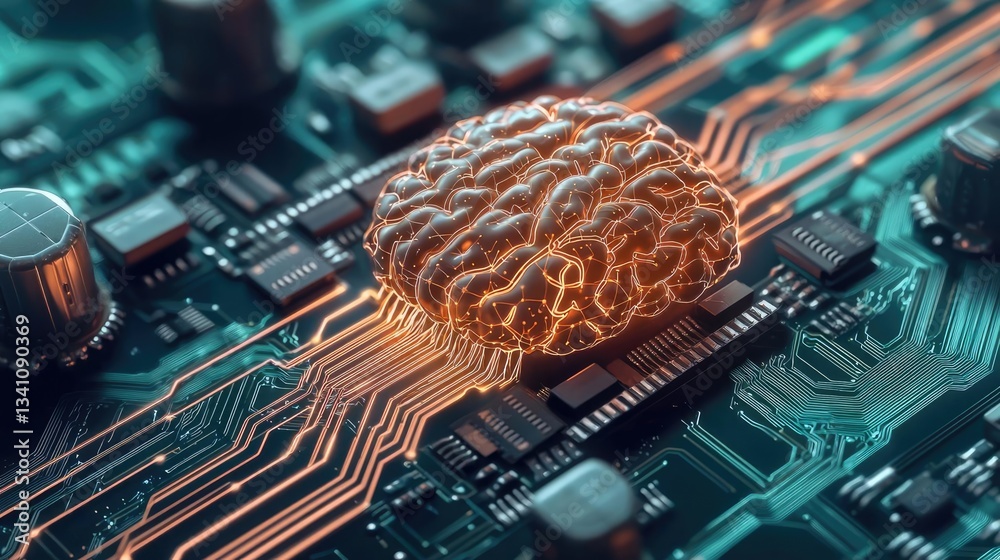 Poster Artificial intelligence database in cyberspace circuit concept. Innovative brain design on a circuit board representing AI.