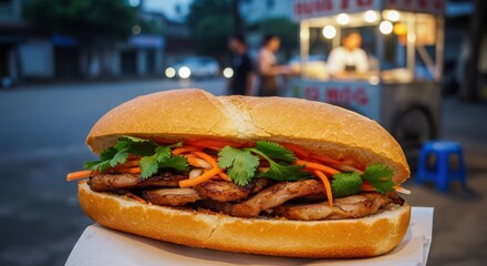 Delicious Vietnamese Banh Mi Sandwich with Pork and Fresh Vegetables