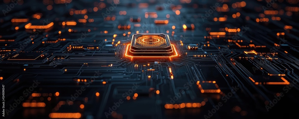 Poster Artificial intelligence database and future computing concept. Futuristic circuit board with glowing elements and a central processor.