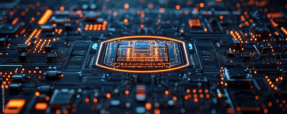 Aufkleber Artificial intelligence database and future computing concept. Close-up view of a modern circuit board with vibrant lights.