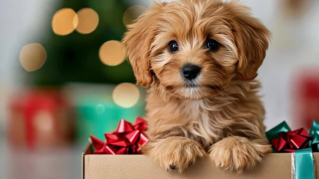 Adorable puppy peeking from gift box, festive Christmas surprise, pet adoption, holiday cheer, cute canine celebration scene