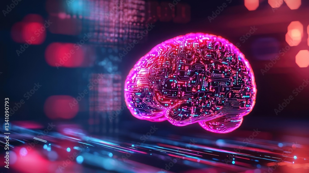 Aufkleber Artificial intelligence data circuit in cyberspace computing concept. Illustration of a glowing brain with digital circuitry.