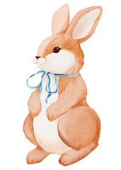 Watercolor cute rabbit with blue bow