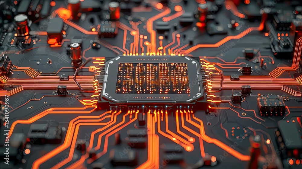 Poster Artificial intelligence database and future computing concept. Close-up of a circuit board with glowing orange connections.