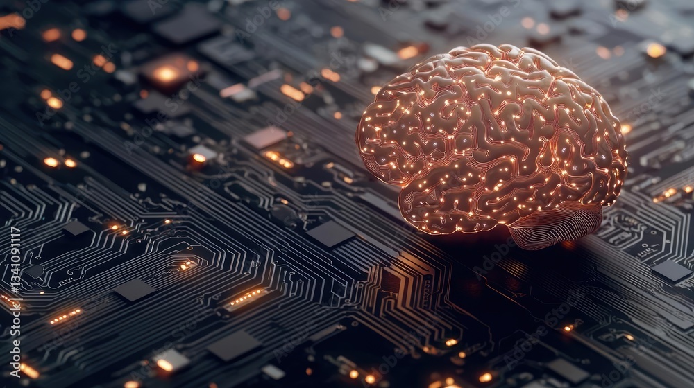 Poster Artificial intelligence database and future computing concept. Abstract representation of a brain on a circuit board.