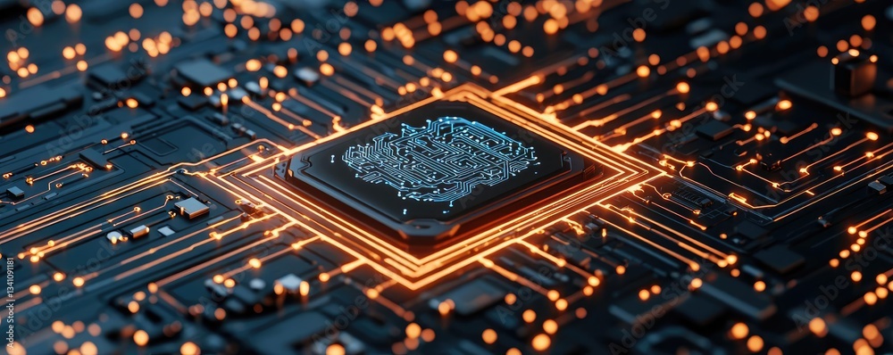 Poster Artificial intelligence data circuit in cyberspace computing concept. Close-up view of a glowing computer chip on a circuit board.