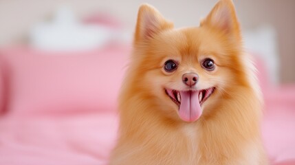 Fototapeta premium A fluffy Pomeranian dog with an expressive happy face sitting comfortably on a pink bedspread, creating a warm and inviting atmosphere