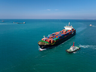 shipping container carrier container sailing in ocean, global business and industry delivery service of cargo logistics import export of international by ship freight transportation worldwide.