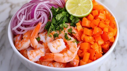 Fresh Shrimp Salad with Vegetables and Lime Garnish in Bowl