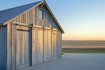 Fototapeta premium Barn with rustic wooden sliding doors at sunrise, surrounded by a tranquil countryside, showcasing simplicity and rural beauty.