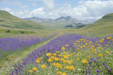 Obraz premium Lavender and Wildflower Meadow in Mountain Valley
