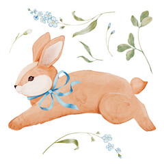 Watercolor cute rabbit with blue bow