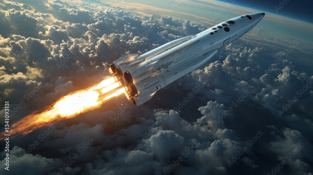 Poster a hypersonic spaceplane ascends through a dense cloud layer during a launch event, showcasing powerf