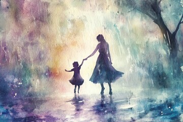 whimsical watercolor scene of a mother dancing with her child in the rain