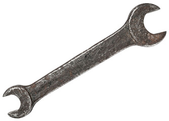 Old rusty steel wrench isolated on a transparent background. PNG.