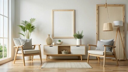 Fototapeta premium Scandinavian-style white room with natural wooden furniture, featuring a mock-up frame on the wall