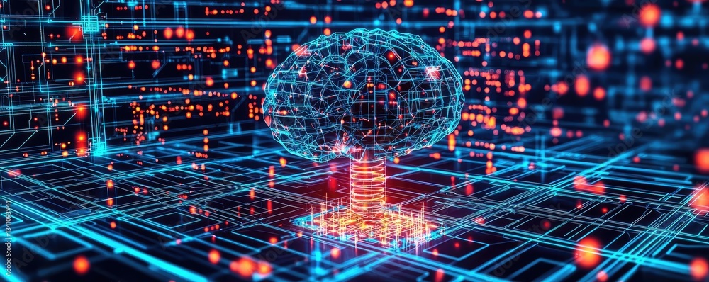 Aufkleber Artificial intelligence database in cyberspace circuit concept. Futuristic brain design with data connections and glowing elements.
