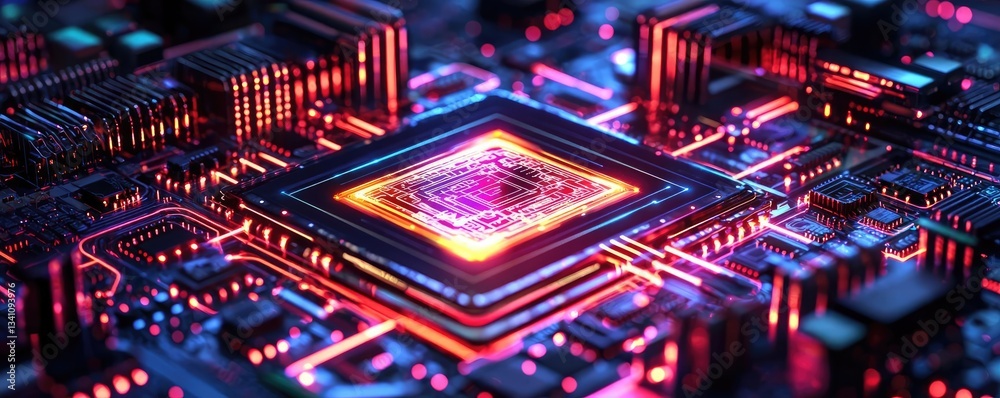 Leinwandbilder Artificial intelligence database in cyberspace circuit concept. Close-up view of a vibrant circuit board with glowing processor.
