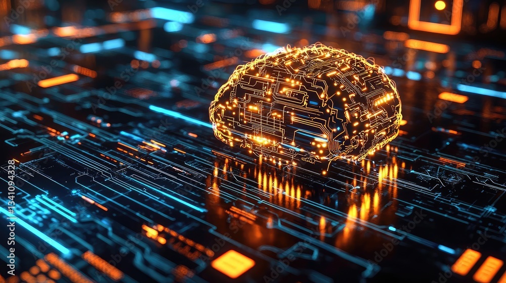 Poster Artificial intelligence database and future computing concept. Illustration of a glowing brain on a digital circuit background.