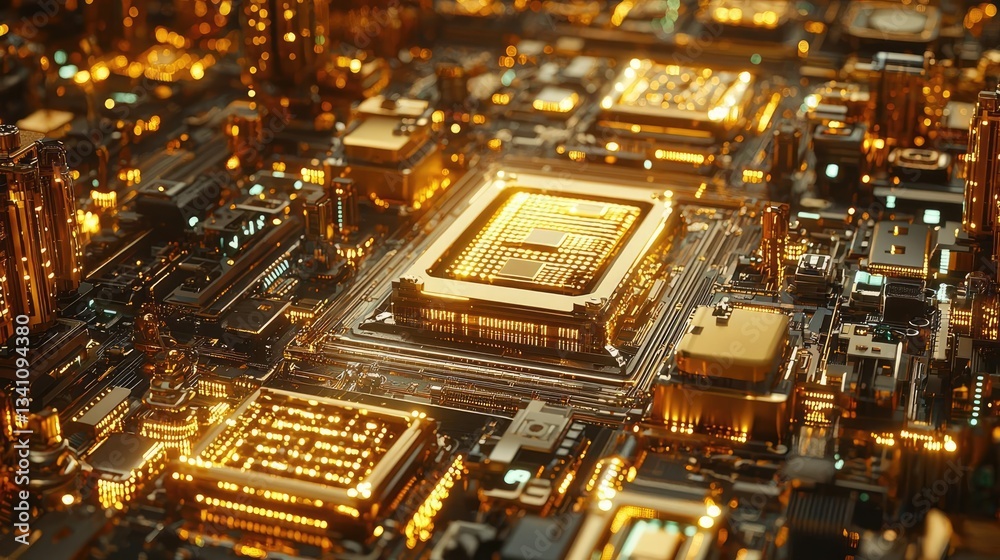 Poster Artificial intelligence database in cyberspace circuit concept. A stunning close-up of a glowing microchip circuit board.