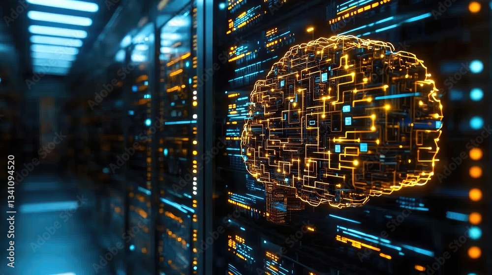 Aufkleber Artificial intelligence database and future computing concept. Abstract representation of neural networks in a server room.