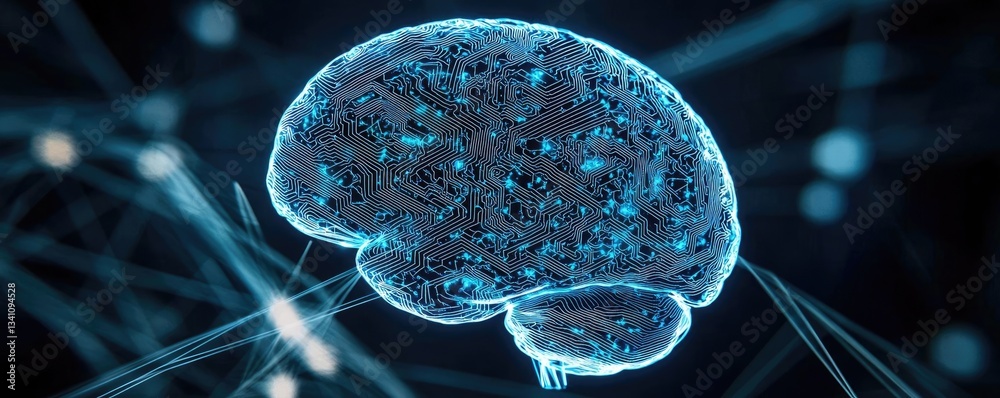 Aufkleber Artificial intelligence database in cyberspace circuit concept. Abstract representation of a human brain with glowing effects.