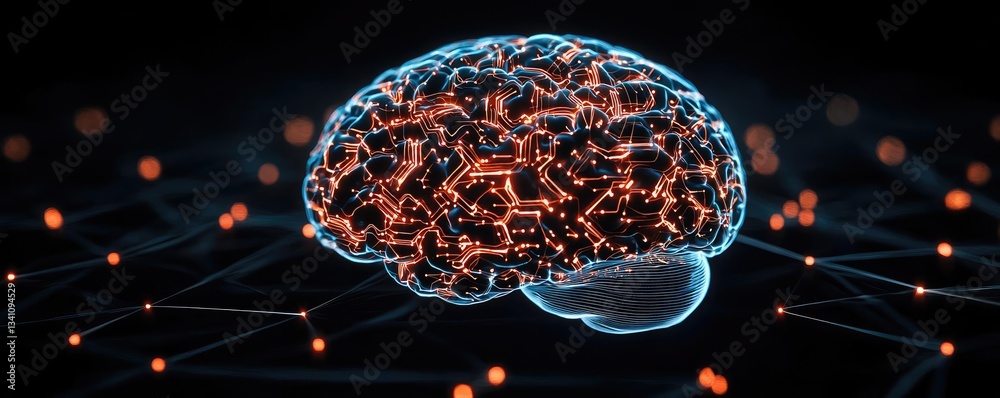 Poster Artificial intelligence database in cyberspace circuit concept. A digital representation of a brain highlighting neural connections.