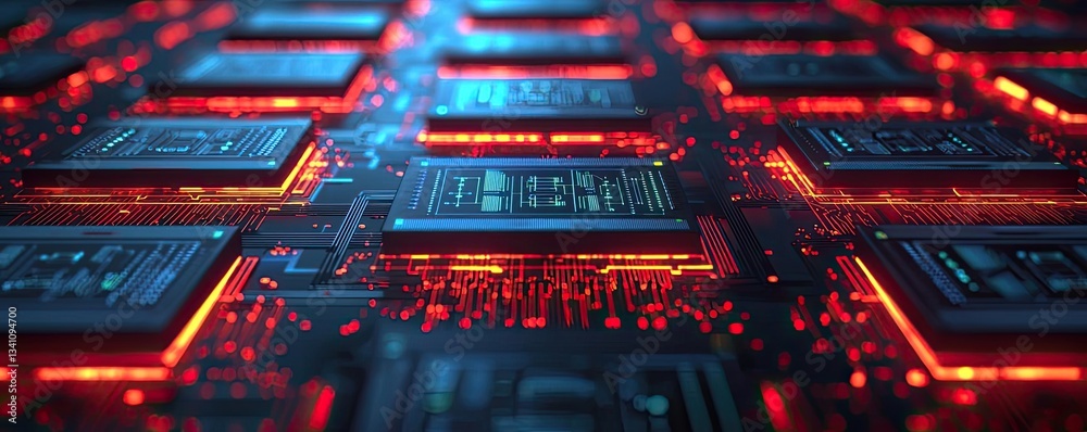 Poster Artificial intelligence database and future computing concept. Close-up view of glowing computer circuitry and microchips.