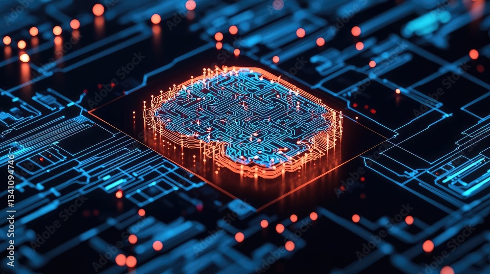 Poster Artificial intelligence database in cyberspace circuit concept. Futuristic circuit board highlighting AI chip technology.